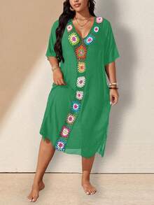 Swim Lushoire Plus Size Summer Vacation Hand-Crocheted Floral Knit Cover-Up Dress - Green - View 3