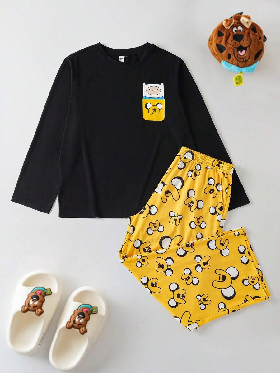 ADVENTURE TIME X SHEIN Plus Size Men's Cartoon Print Long Sleeve Top And Pants Pajama Set, - Black - View 1