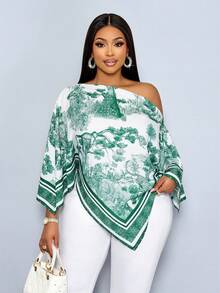 SOLERSUN Blusa de manga larga con cuello asimétrico, bajo asimétrico y estampado de color albaricoque para mujer de talla grande. Diseño con hombros oblicuos, mangas divididas y estilo suelto. Estampado vintage de puesta de sol. Versátil para uso diario, salidas y vacaciones de lujo tranquilo. - Verde Oscuro - Ver 1