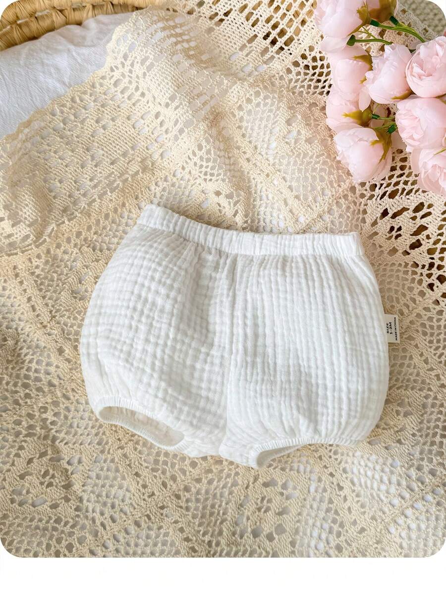SHEIN 新生女宝宝休闲白色弹力腰短裤,夏季 - 白色 - 查看 1