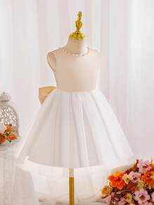 SHEIN Glamorique Kids 女童白色蝴蝶结腰身V领露背刺绣优雅派对连衣裙，适合所有季节 - 白色 - 查看 7