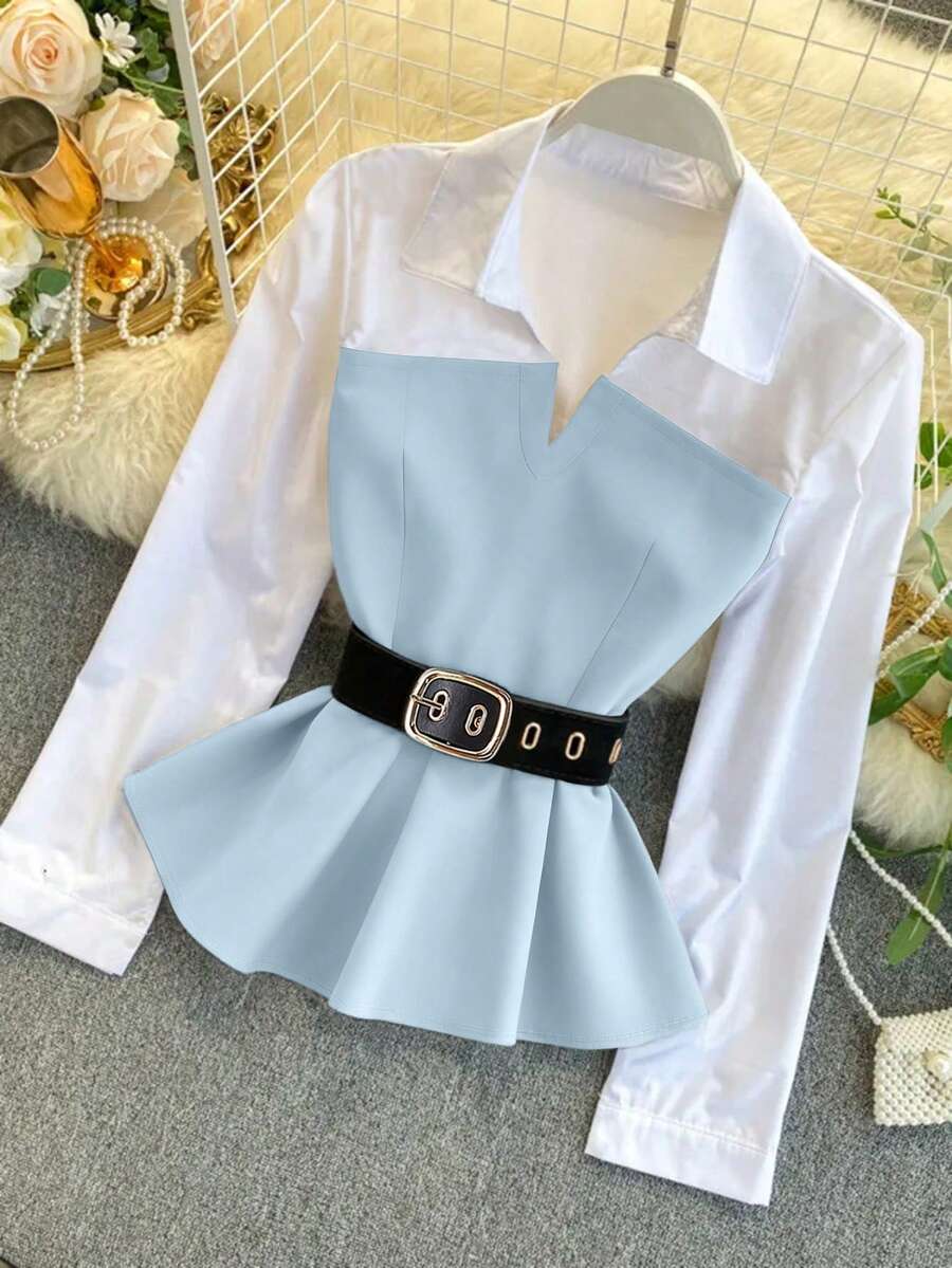Franclia Áo sơ mi nữ tay dài phối màu tương phản, kiểu dáng thường ngày. - Màu xanh nhạt - Xem 1