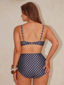 Swim Chiccia Plus Size Women 2pcs Swimwear Set, Plaid Asymmetric Print Sexy Underwire Camisole And Bikini Bottoms, Summer - Black - View 2