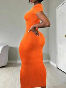 INAWLY Women's Solid Color Crew Neck Short Sleeve Fitted Elegant Dress - Orange - View 2