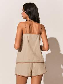 Poéselle Women's 100% Cotton Contrast Polka Dot Cami Top & Shorts 2 Pieces Set,Lace Up Drawstring Outfits,All Shades Of Brown,Summer,Casual,Vacation,Holiday - Apricot - View 3