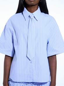 COUREZ Short Sleeve Shirt With Removable Tie Detail /Y2K Spring Cute Blue Shirts For Women Going Out Summer Top - Blue - View 7