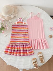 SHEIN 韩版甜美彩虹条纹无袖露背连衣裙两件套，可爱夏日度假装 - 彩色 - 查看 2