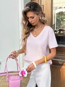 SHEIN LUNE 女士休闲纹理短袖口袋T恤，适合夏季度假、通勤和日常穿着。粉色女士上衣和衬衫，女士夏季服装，白色俱乐部衬衫，休闲现代女士短袖上衣，夏季女士上衣，粉色上衣 - 粉色 - 查看 3