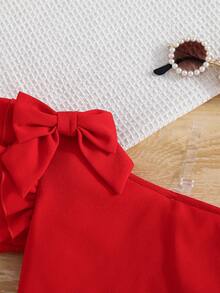 SHEIN Young Girl Summer Short Solid Color One-Shoulder Ruffle Bow Decor T-Shirt - Red - View 3