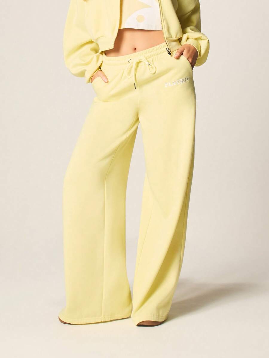 Missguided x Playboy 宽腿抽绳慢跑运动裤，配有弹性腰带和侧袋，休闲舒适 - 黃色 - 查看 1