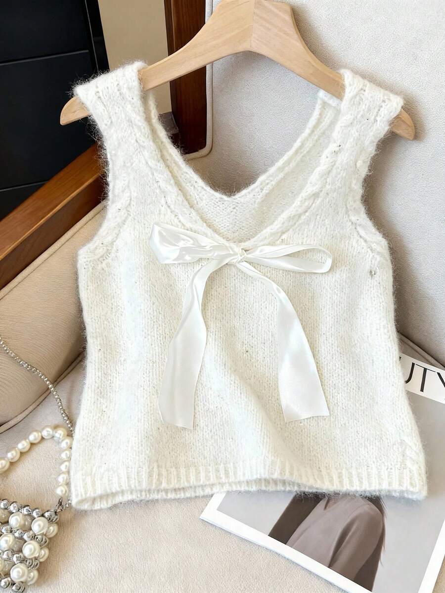 GlowEve Elegant V-Neck Bow Tie Sleeveless Top For Women, Spring/Summer - White - View 1