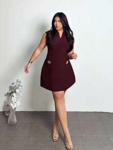 Firerie Plus Size Women's Burgundy Summer Elegant Formal Dress,V-Neck Ruched Metal Flower Decor A-Line Short Sleeve Chic Office Work Commute Dresses - Rose Red - View 1