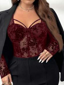 Firerie Plus Size Mesh Patchwork Embroidered Sweetheart Neck Elegant Long Sleeve T-Shirt Fall - Red - View 1