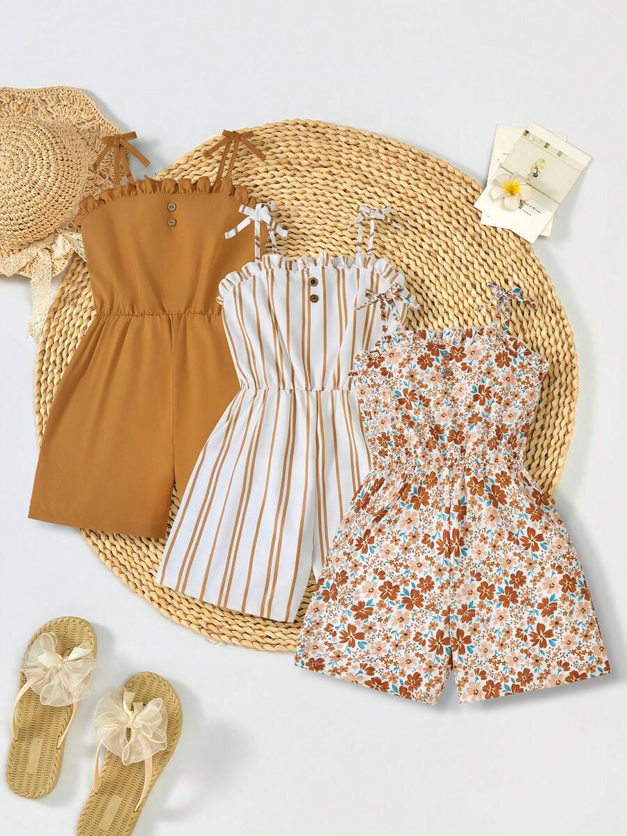 SHEIN 3pcs/Set Tween Girls Casual Floral Striped Solid Color Romper Suitable For Family With Multiple Children, Beach Vacation, Outdoor Play, School - Multicolor - View 1