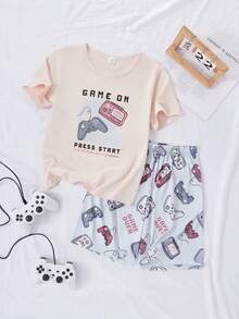 Bộ đồ ngủ ngắn tay và quần đùi in hình hoạt hình máy chơi game dễ thương, thời trang dành cho bé trai. - Màu be - Xem 6