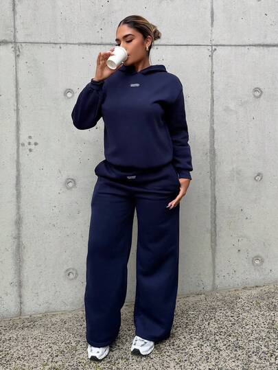 Maria Perezxox Women's Autumn/Winter New Thermal Lined Casual Loose Hoodie And Sweatpants 2 Pieces Set, Navy Blue,Fall,Fall Clothes For Women