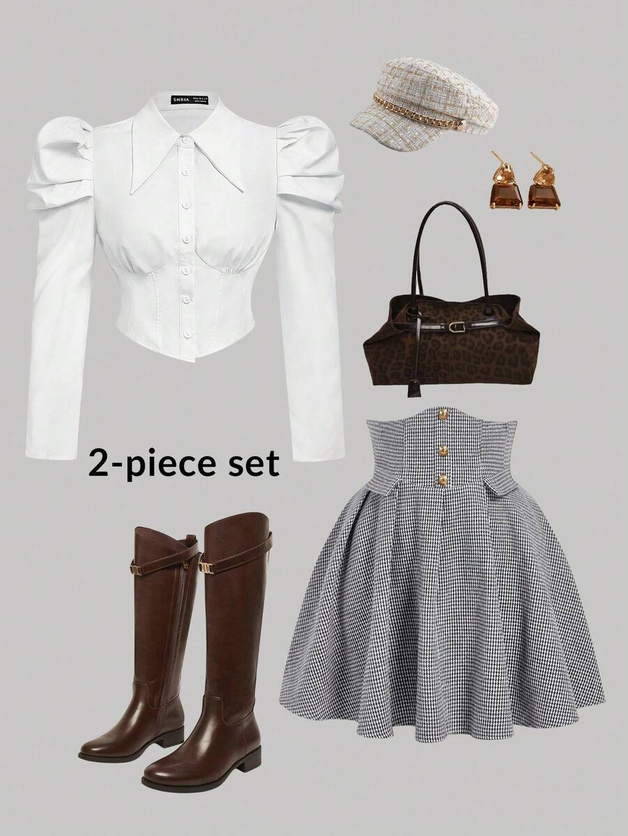 SHEIN MOD Plus Size Vintage Palace Style 2-Piece Set, Gigot Sleeve Shirt And High-Waisted Pleated Skirt, Spring/Summer Stylish 2-Piece Outfit - Grey - View 1