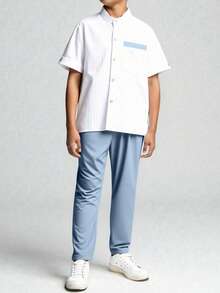 SHEIN Explorewe 2pcs/Set Teenage Boys' Casual School Style Simple White Shirt And Pants Outfit - Blue - View 4