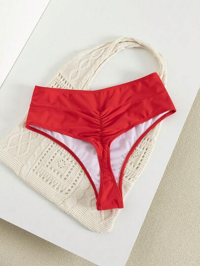 Swim Vcay 大码纯色褶皱极简设计比基尼泳裤