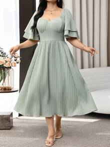 Feyla Plus Size Elegant Solid Color Waist Cinched Dress, Summer - Dusty Blue - View 3
