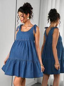 Momance 时尚舒适的孕妇牛仔连体裤连衣裙 - 深色水洗藍 - 查看 3