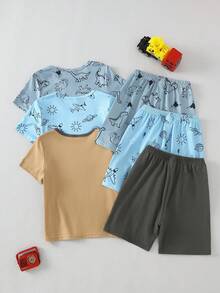6pcs/Set Toddler Boys' Casual Cute Cartoon Dinosaur & Letter Print Soft Knit Fabric Round Neck Short Sleeve Top And Shorts Pajama Set, Daily Wear - Multicolor - View 2