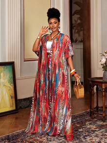 Maweii Plus Size Women's Abstract Floral Print Red And White Chiffon Blouse,Elastic Waist Shorts,Summer Boho Party Holiday Beach Vacation Spring Outing Set - Multicolor - View 4