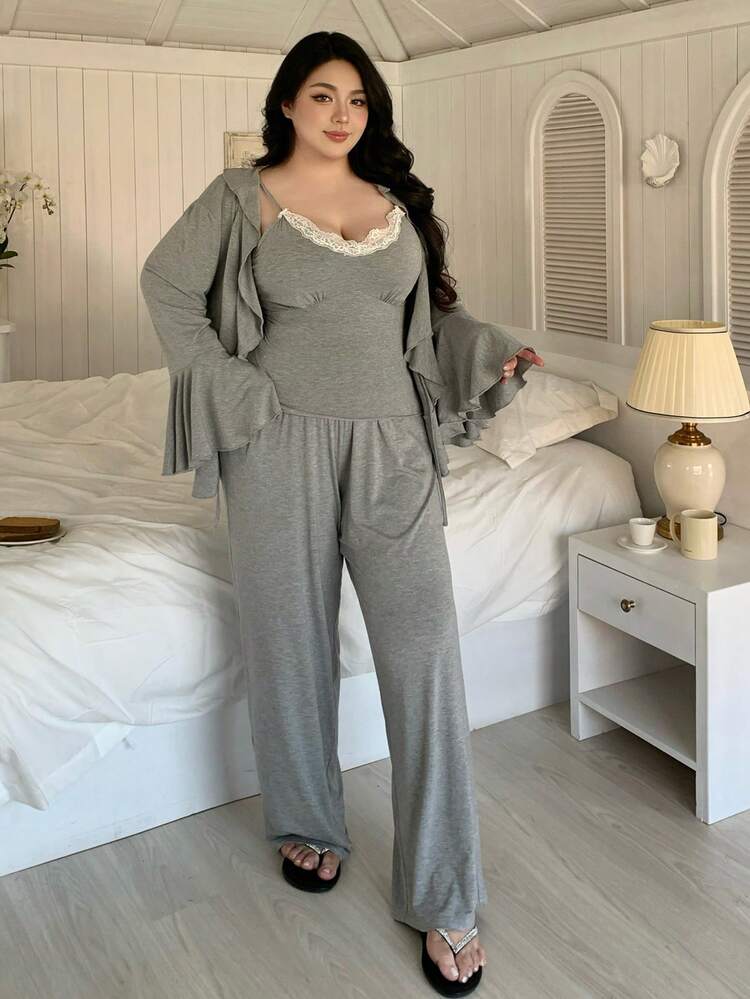 Dazy Plus 3pcs Plus Size Lace Patchwork Ruffle Camisole, Flare Sleeve Top And Solid Color Sweet Lounge Pants Pajama Set