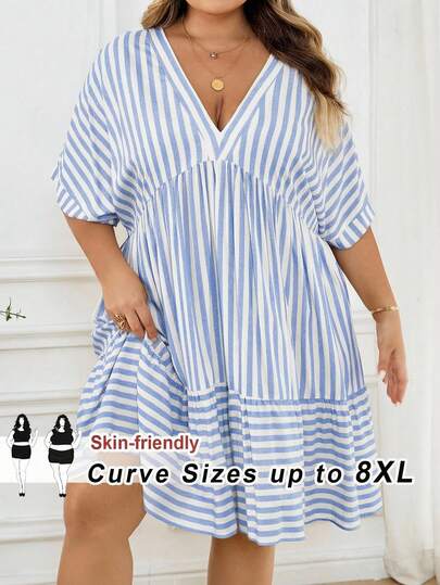 SHEIN CURVE+ Plus Size Women Striped V-Neck Batwing Short Sleeve Ruffle Hem Casual Dressfall Clothes For Women,Winter,CURVE PLUS, Summer Dresses