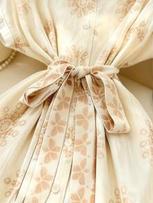 Franclia French Gentle Tea Break Style Shirt Dress, Creamy Yellow Base With Brown Pattern, Loose And Slimming Shirt Dress, Summer Vacation Outfit - Apricot - View 6