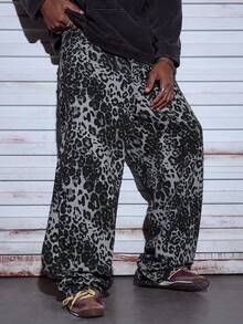 Modcrash Men's Denim Jeans With Leopard Print, Retro High Street Fashion Casual Loose Straight Leg Pants Relaxed Fit For Men ,Summer Holiday Outfits - Grey - View 5