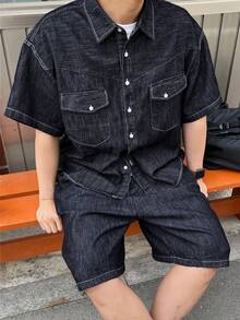 DAZY Men's Navy Blue Denim Short Sleeve Shirt And Shorts Set, Summer - Blue - View 1