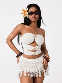 Coolane Women's Spring/Summer Vacation Outfits Boho Hippie Beach Outfits Comfortable Stretchy Off Shoulder Textured White Top - White - View 4