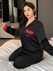 Dazy Plus Plus Size Lace Patchwork Front Button Long Sleeve Top And Pants Pajama Set - Black - View 5