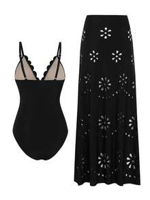 Swim Oasis 2-częściowy damski komplet plażowy w stylu boho, nowy modny kostium kąpielowy bikini, seksowny styl kurortu plażowego, seksowny jednoczęściowy kostium kąpielowy z wycinanym laserowo dekoltem i spódniczką, wyszczuplający i elegancki komplet kąpielowy - Czarne - Zobacz 2