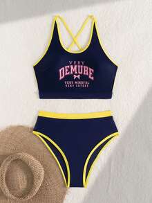 Swim SPRTY Navy Blue Women's Cute Colorblock Swimwear Set,Backless Tank Top & High Waisted Triangle Bottoms,Summer Holiday Beach Party Tummy Control 2 Pieces - Multicolor - View 5