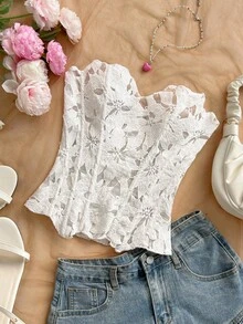 Soleia Áo corset ren nhiều lớp không dây gợi cảm, áo khoét rỗng thêu họa tiết, thích hợp cho hộp đêm dành cho nữ. - trắng - Xem 3