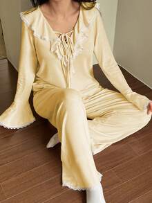 DAZY Set de pijama de 2 piezas con pantalón recto de manga larga, dobladillo con volantes y parches de encaje, para primavera y otoño para mujeres - Amarillo - Ver 4