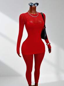 BamGleam Bộ jumpsuit cổ cao tay dài phối ren khoét rỗng, gợi cảm và ôm sát. - Đỏ - Xem 3