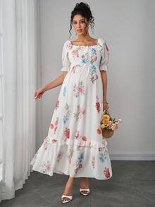 Momance Đầm bầu dáng ngắn cổ vuông tay cánh hoa in hoa, phong cách nghỉ hè. - Nhiều màu - Xem 3