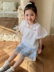 DAZY 年轻女孩夏季休闲简约网纱撞色蕾丝花瓣袖上衣 - 白色 - 查看 7