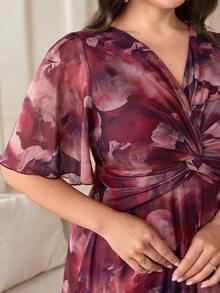 SHEIN CURVE+ Đầm midi tay ngắn họa tiết hoa xoắn phía trước cỡ lớn thanh lịch dành cho nữ - Nhiều màu - Xem 3