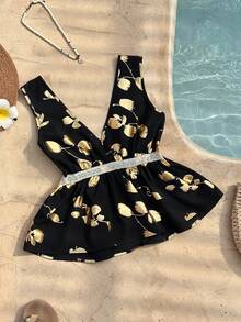 SHEIN Franclia Floral Print V-Neck Lace Patchwork Elegant Fashion Camisole Hawaii Outfits Women Summer Outfits - Black and Gold - View 2