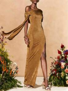 Zivah 2026 度假休闲独特系带优雅复古金色开衩连衣裙 - 金色 - 查看 8