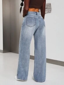 SHEIN PETITE Jeans minimalisti di colore unito da donna per uso quotidiano - Blu - Visualizzare 2