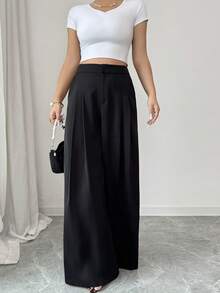 Elenzga Summer New High Waist Versatile Pleated Design Loose Draping Wide Leg Pants For Women - Black - View 4