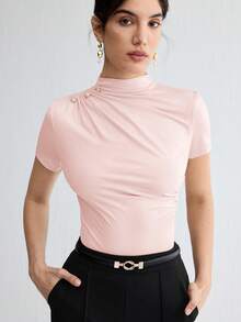 BizChic Spring/Summer New Shallow V-Neck Shoulder Ruched Metal Button Decor Fitted Waist Women's T-Shirt, Suitable For Office, Formal, Elegant Urban Commute, Daily Casual, Romantic 90s Retro, Party, Wedding Guest, Bridesmaid, Hostess, Outing, Social, Date, Party, Concert, Graduation, Breakfast, Airport - Pink - View 5