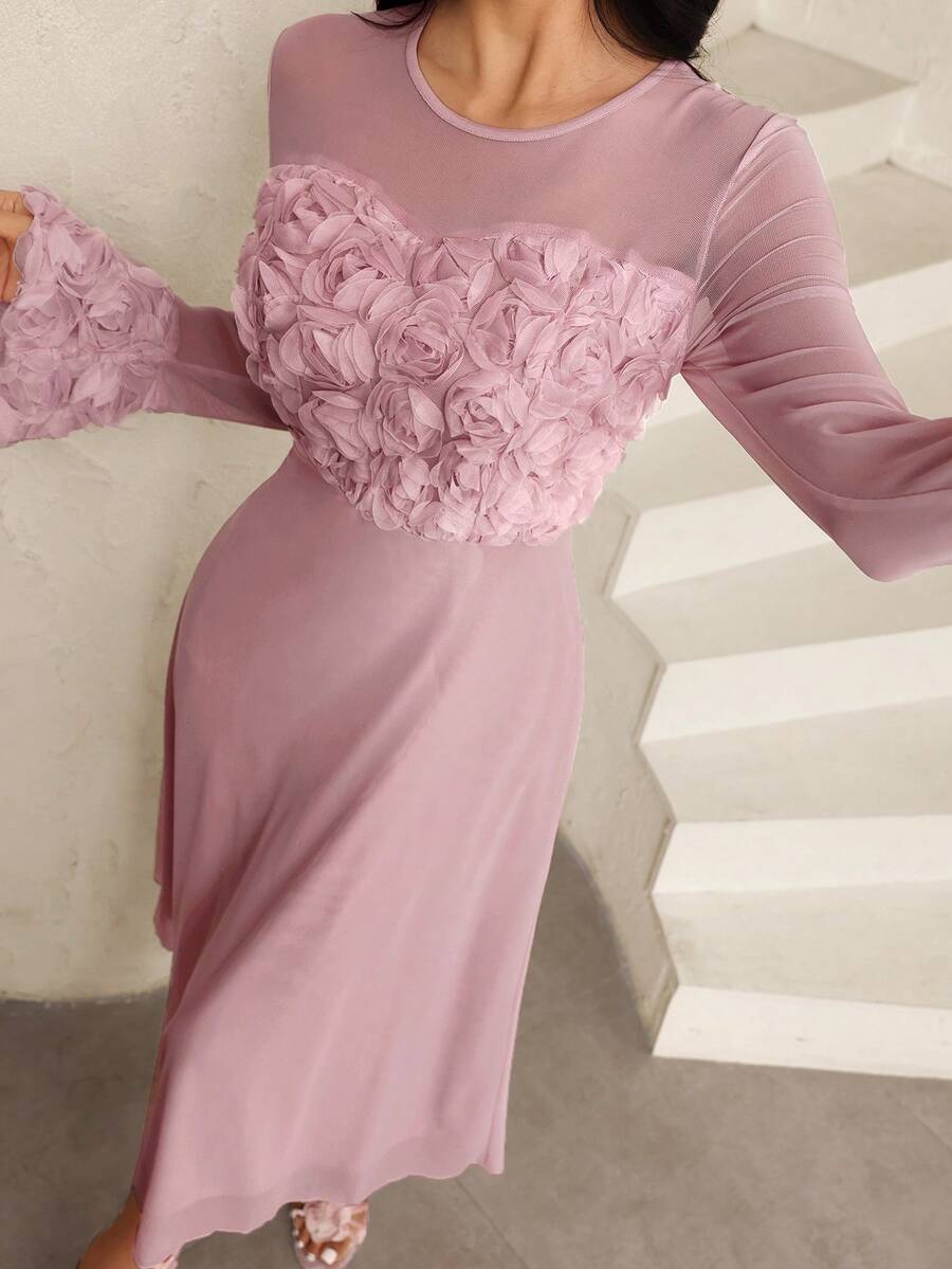 Modelyn 新款设计纹理印花中长连衣裙，粉色，女士，派对装 - 粉色 - 查看 1