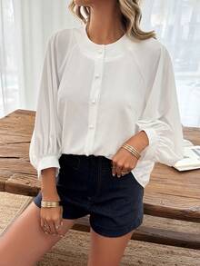 Louniche Women's Casual Vacation Solid Color Front Button Raglan Sleeve Shirt, Spring/Summer - White - View 6