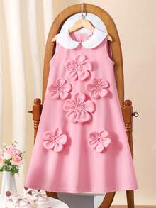Vestido Elegante e Fofo Sem Mangas com Decoração Floral em Linha A, Rosa Pálido, Adequado para Atividades Escolares de /Verão, Festa de Aniversário, Reunião - Rosa chiclete - Visão 9